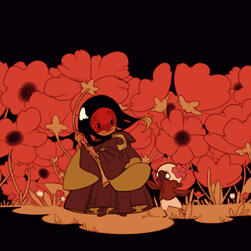 Fanart from FFXIV. A tiny Halmarut walks in front of a plethora of poppies, holding one of the flowers. They look down at a mandragora queen who tugs on their robe.